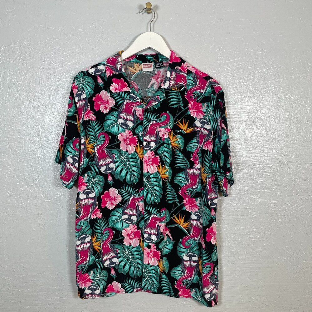 Marvel Men M Black Pink Venom Spider Man Hawaiian Shirt Button Up Comic Con